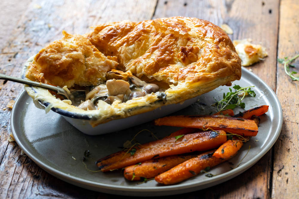 Chicken and mushroom pie with roasted carrots